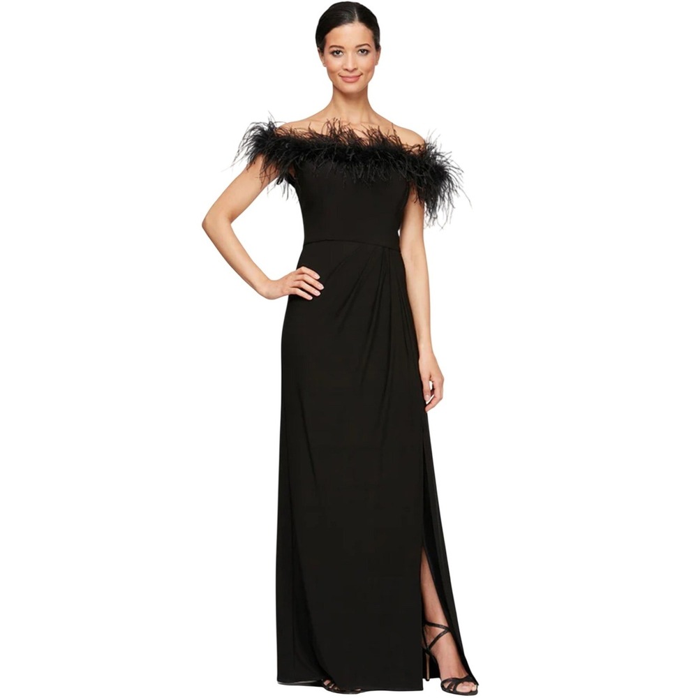 Alex Evenings Gianna Black Ostrich Feather Off The Shoulder Jersey Gown 12 NWT